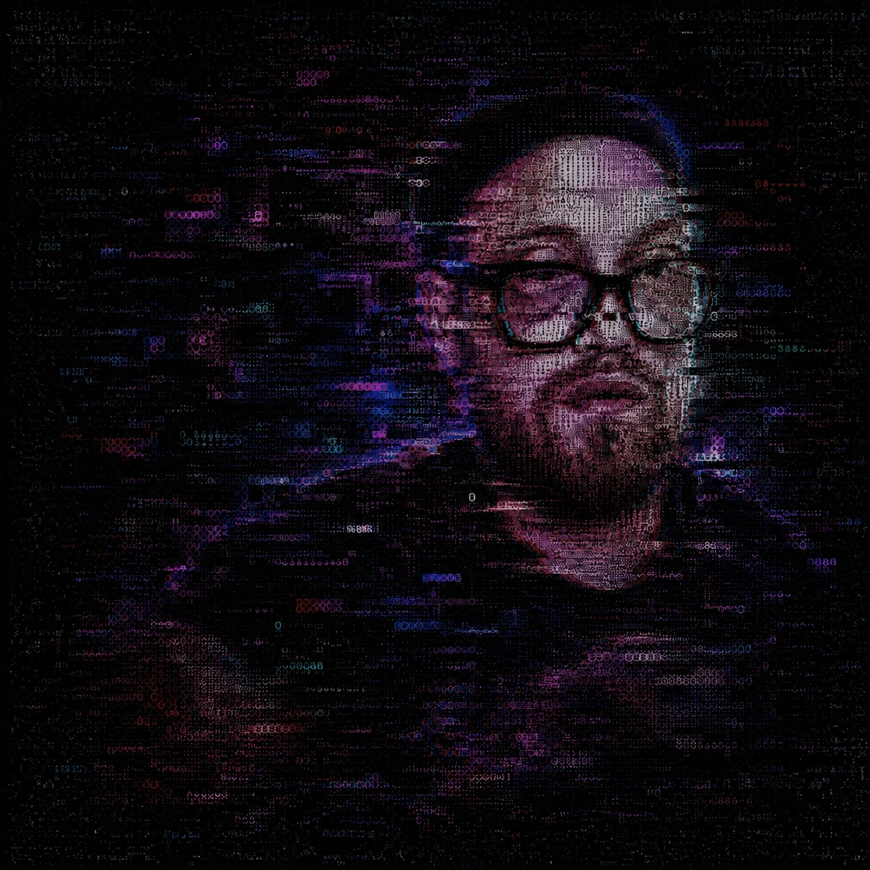 Digital portrait of David Johnson rendered in colorful data-like characters